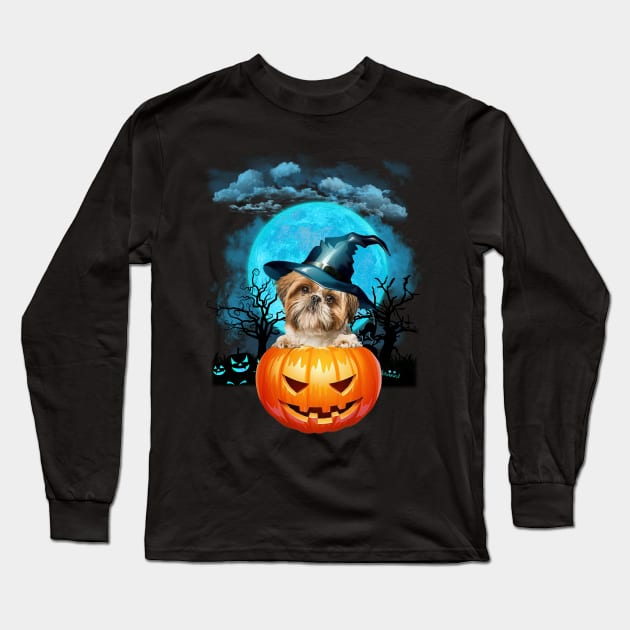 Shih Tzu Witch Hat Pumpkin And Blue Moon Halloween Long Sleeve T-Shirt by Tagliarini Kristi